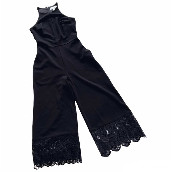 NWT Badgley Mischka Black Crop Lace Trim Cut-Out Front Playsuit Jumpsuit 0 - Picture 2 of 10